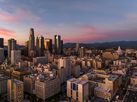 Drone shot of Downtown Los Angeles at sunset. \n\nThis still image is part of a series, a time lapse video is also available.