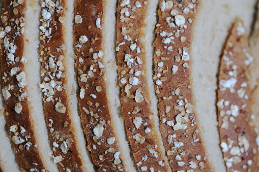 Close up of sliced whole grain bread.