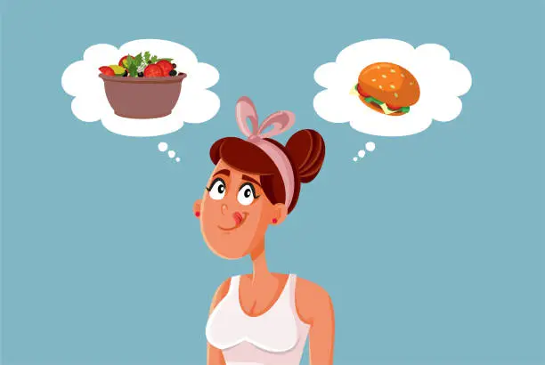 Vector illustration of Hungry Craving Woman Deciding What to Eat Vector Cartoon Illustration