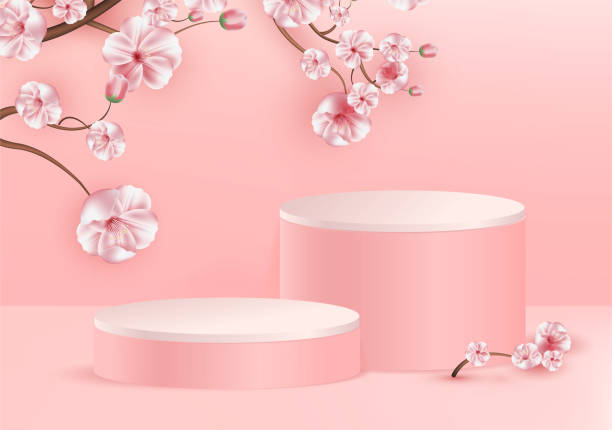 istock Sale podium with sakura. Abstract scene background with sakura. Product presentation, mock up, show cosmetic product 1444571112