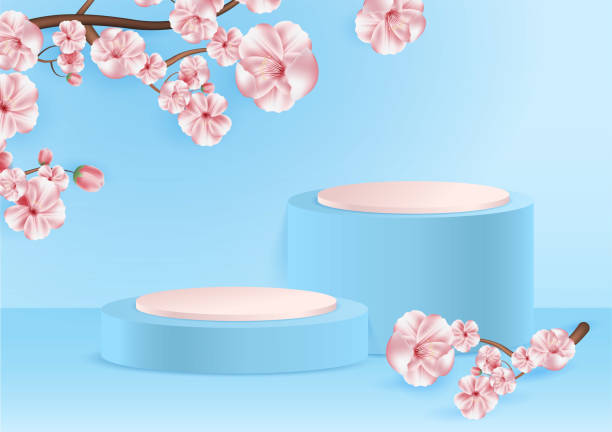 istock Sale podium with sakura. Abstract scene background with sakura. Product presentation, mock up, show cosmetic product 1444571119