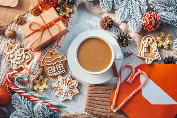 istock Christmas background flat lay top view, atmospheric decor and a cup of cocoa 1444572890