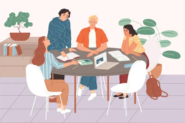 Vector illustration of Students studying together, sitting at the table and learning english.