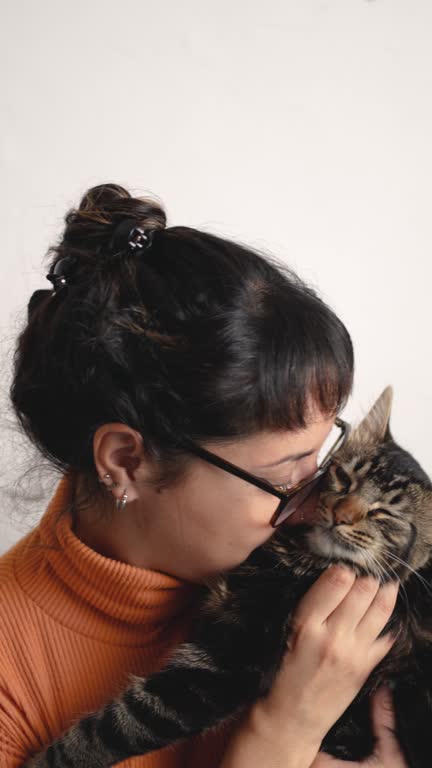 Close up video of woman kissing her tabby cat on white background.