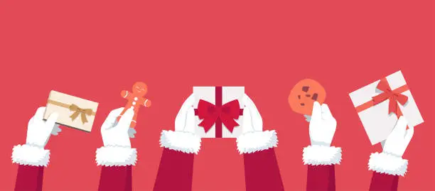 Vector illustration of Santa Claus hands in white gloves holding boxes, cookie and gingerbread