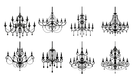 Chandelier silhouettes, home vintage illumination and light equipment. Retro ceiling lamp vector silhouette, antique luster or elegant luxury chandeliers with candles, bulbs and crystal decor