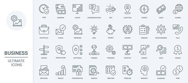 Business process organization, time management, communication thin line icons set vector illustration. Outline data protection and money savings in piggy bank, trend lightbulb idea for growth
