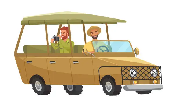 Vector illustration of People in safari tour car, travelers drive car vehicle isolated