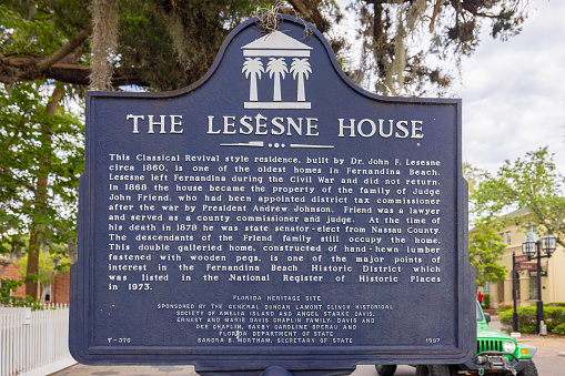 Fernandina, Florida, USA - April 16, 2022: Plaque tells the history of The Lesesne House, Historical Landmark