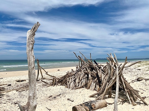 Horizontal seascape of driftwood branches stacked into structures on beach sand overlooking calm ocean waves under cloudscape at Brunswick Heads near Byron Bay Area Australia