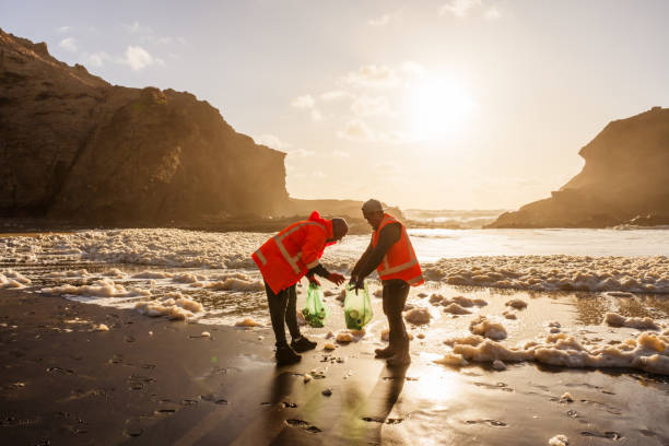 Two activists on beach shore during sunset collecting waste.