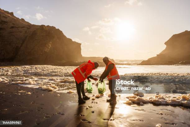 Two Activists On Beach Shore During Sunset Collecting Waste Stock Photo - Download Image Now