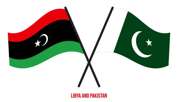 Vector illustration of Libya and Pakistan Flags Crossed And Waving Flat Style. Official Proportion. Correct Colors.