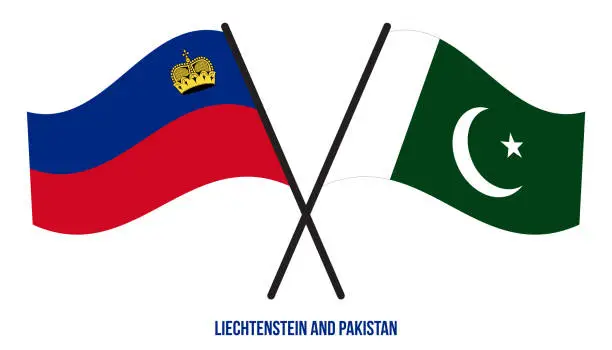 Vector illustration of Liechtenstein and Pakistan Flags Crossed And Waving Flat Style. Official Proportion. Correct Colors.