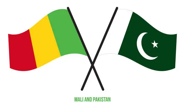 Vector illustration of Mali and Pakistan Flags Crossed And Waving Flat Style. Official Proportion. Correct Colors.