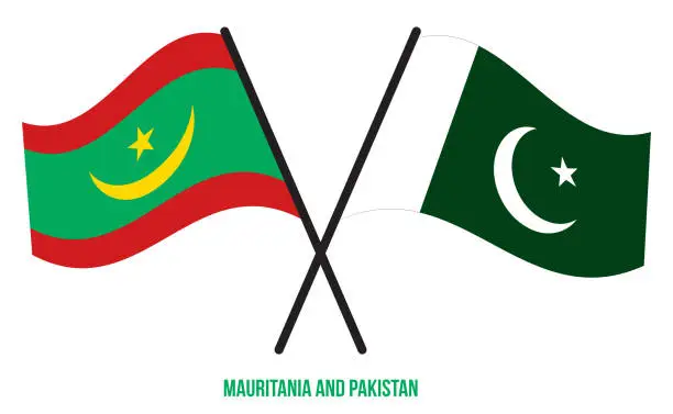 Vector illustration of Mauritania and Pakistan Flags Crossed And Waving Flat Style. Official Proportion. Correct Colors.