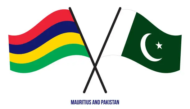 Vector illustration of Mauritius and Pakistan Flags Crossed And Waving Flat Style. Official Proportion. Correct Colors.