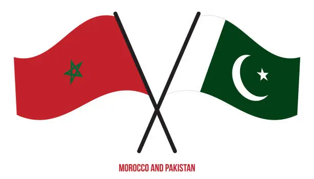 Vector illustration of Morocco and Pakistan Flags Crossed And Waving Flat Style. Official Proportion. Correct Colors.