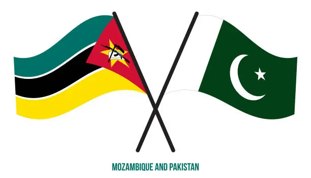 Vector illustration of Mozambique and Pakistan Flags Crossed And Waving Flat Style. Official Proportion. Correct Colors