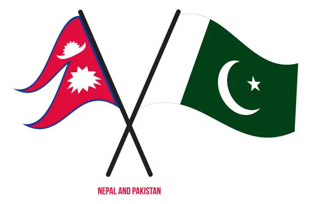 Vector illustration of Nepal and Pakistan Flags Crossed And Waving Flat Style. Official Proportion. Correct Colors.