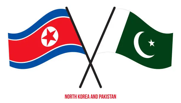 Vector illustration of North Korea and Pakistan Flags Crossed And Waving Flat Style. Official Proportion. Correct Colors.