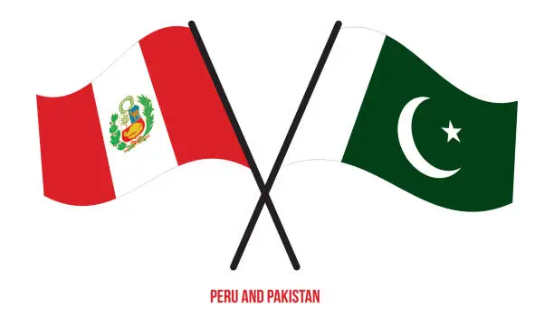 Vector illustration of Peru and Pakistan Flags Crossed And Waving Flat Style. Official Proportion. Correct Colors.
