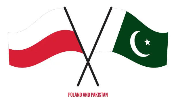 Vector illustration of Poland and Pakistan Flags Crossed And Waving Flat Style. Official Proportion. Correct Colors.