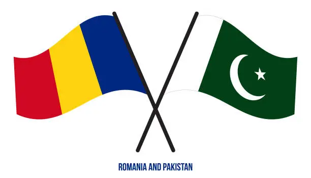 Vector illustration of Romania and Pakistan Flags Crossed And Waving Flat Style. Official Proportion. Correct Colors.