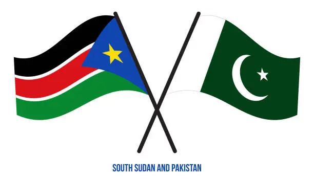 Vector illustration of South Sudan and Pakistan Flags Crossed And Waving Flat Style. Official Proportion. Correct Colors.