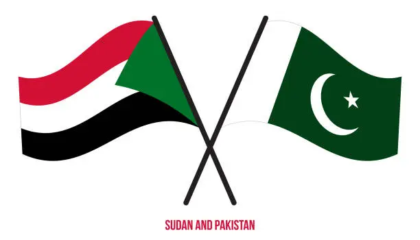 Vector illustration of Sudan and Pakistan Flags Crossed And Waving Flat Style. Official Proportion. Correct Colors.
