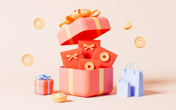 istock Opening gift with red envelopes, Spring Festival shopping theme, 3d rendering. 1444597672