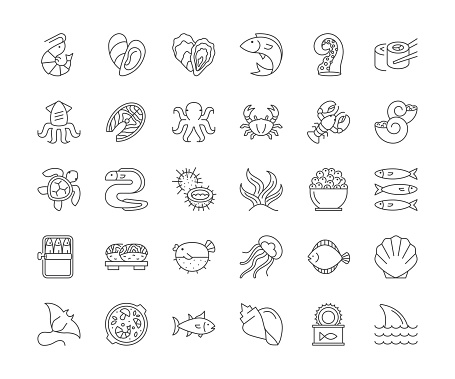 Seafood Line Icons. Editable stroke.
