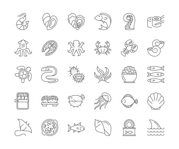 Vector illustration of Seafood Line Icons. Editable stroke.