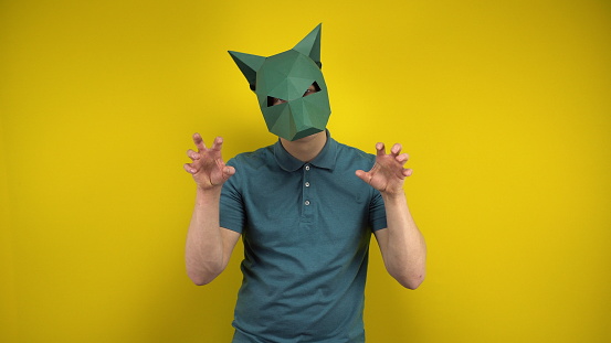 A young man in a cardboard jackal mask depicts an animal and looks at the camera on a yellow background. Man in a green polo and mask. 4k