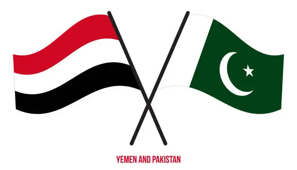 Vector illustration of Yemen and Pakistan Flags Crossed And Waving Flat Style. Official Proportion. Correct Colors.