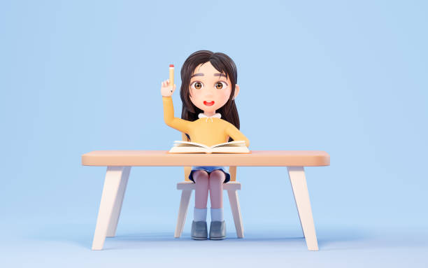 Little girl study hard, learning at desk, 3d rendering. Digital drawing.