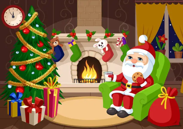 Vector illustration of Santa Claus sitting in armchair near fireplace.