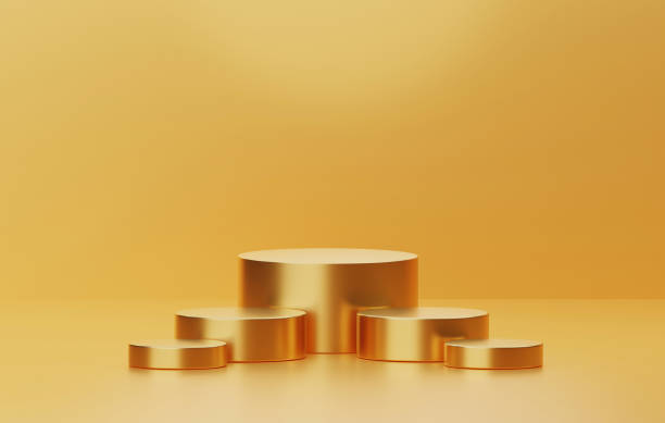 istock Cylindrical gold podium base luxury on abstract gold background. Product display and advertising space. 1444606977
