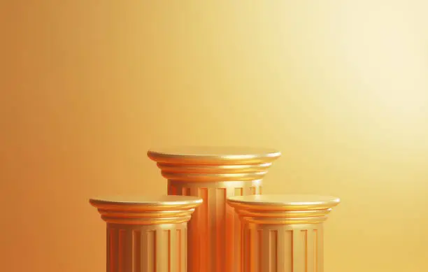 Photo of Ancient Greek style pillar three Podiums gold color background