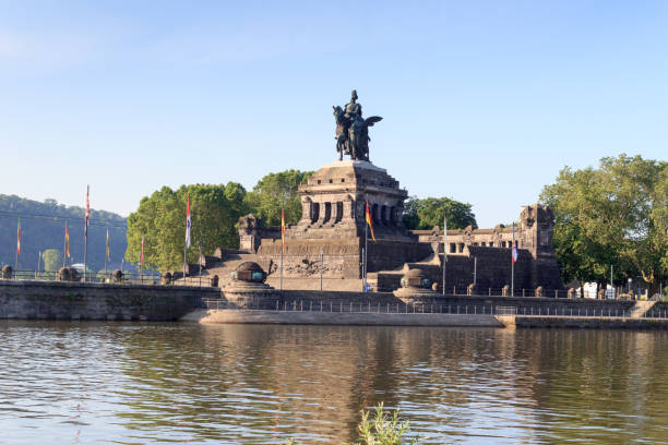 Deutsches Eck (German Corner) between Rhine and Moselle river with Emperor William monument statue in Koblenz, Germany