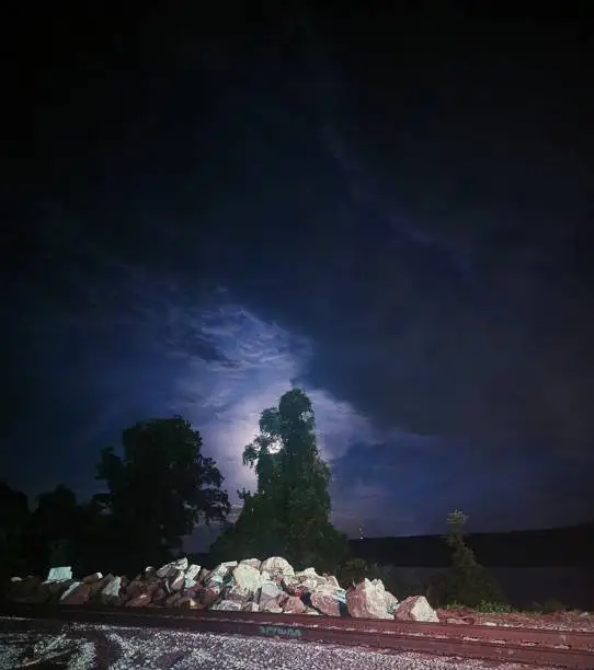 This photo was taken at midnight in Muskogee Oklahoma as the moon lit the sky behind the trees