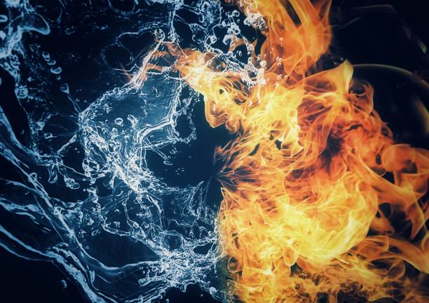 illustrazione 3d di un vortice con fiamme di fuoco e acqua combinate - cambiare forma foto e immagini stock