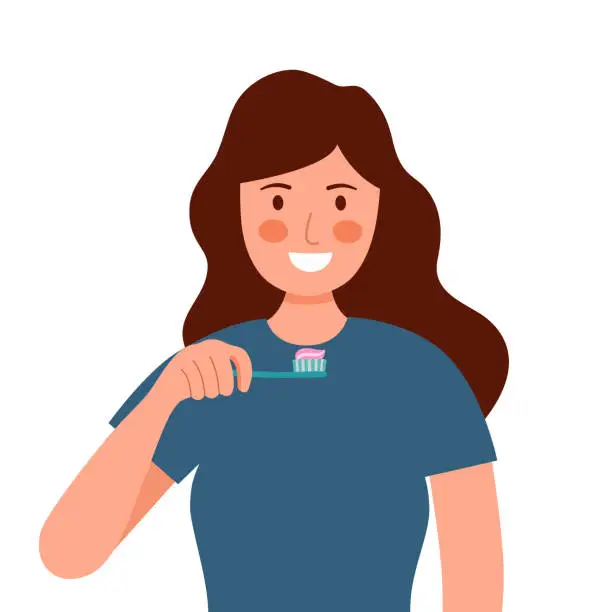 Vector illustration of Woman brushing teeth in the bathroom in flat design. Female cleaning teeth to prevent tooth decay. Dental care.