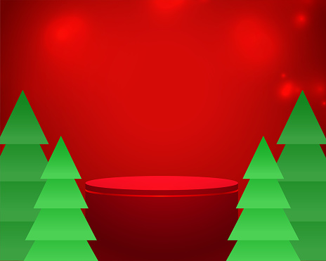 3d podium with xmas tree design on red background