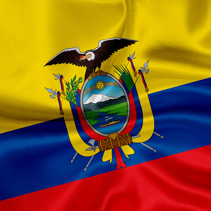 Flag of Ecuador blowing in the wind. \nFull page Ecuador flying flag.