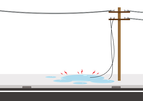 Electric leakage. Electric wire of high voltage pole is damaged and short circuit in water with rain flat icon vector.