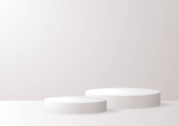 istock White podium. White circular awarded winner podium for outstanding luxury product. Blank round pedestal. 1444625019