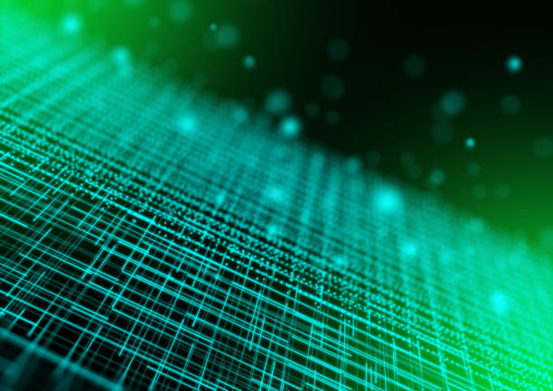 istock Abstract futuristic design glowing line network for Business Science and Technology, digital net in green with lights, perspective pattern 1444628986
