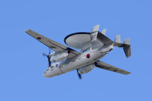 Japan Air Self-Defense Force Northrop Grumman E-2C Hawkeye airborne early warning (AEW) aircraft. Aomori Prefecture, Japan - September 07, 2014: Japan Air Self-Defense Force Northrop Grumman E-2C Hawkeye airborne early warning (AEW) aircraft. misawa japan stock pictures, royalty-free photos & images
