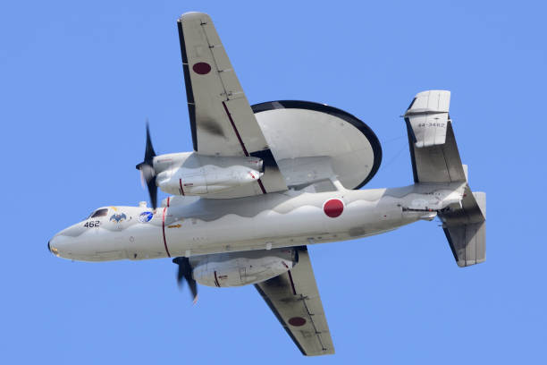 Japan Air Self-Defense Force Northrop Grumman E-2C Hawkeye airborne early warning (AEW) aircraft. Aomori Prefecture, Japan - September 07, 2014: Japan Air Self-Defense Force Northrop Grumman E-2C Hawkeye airborne early warning (AEW) aircraft. misawa japan stock pictures, royalty-free photos & images